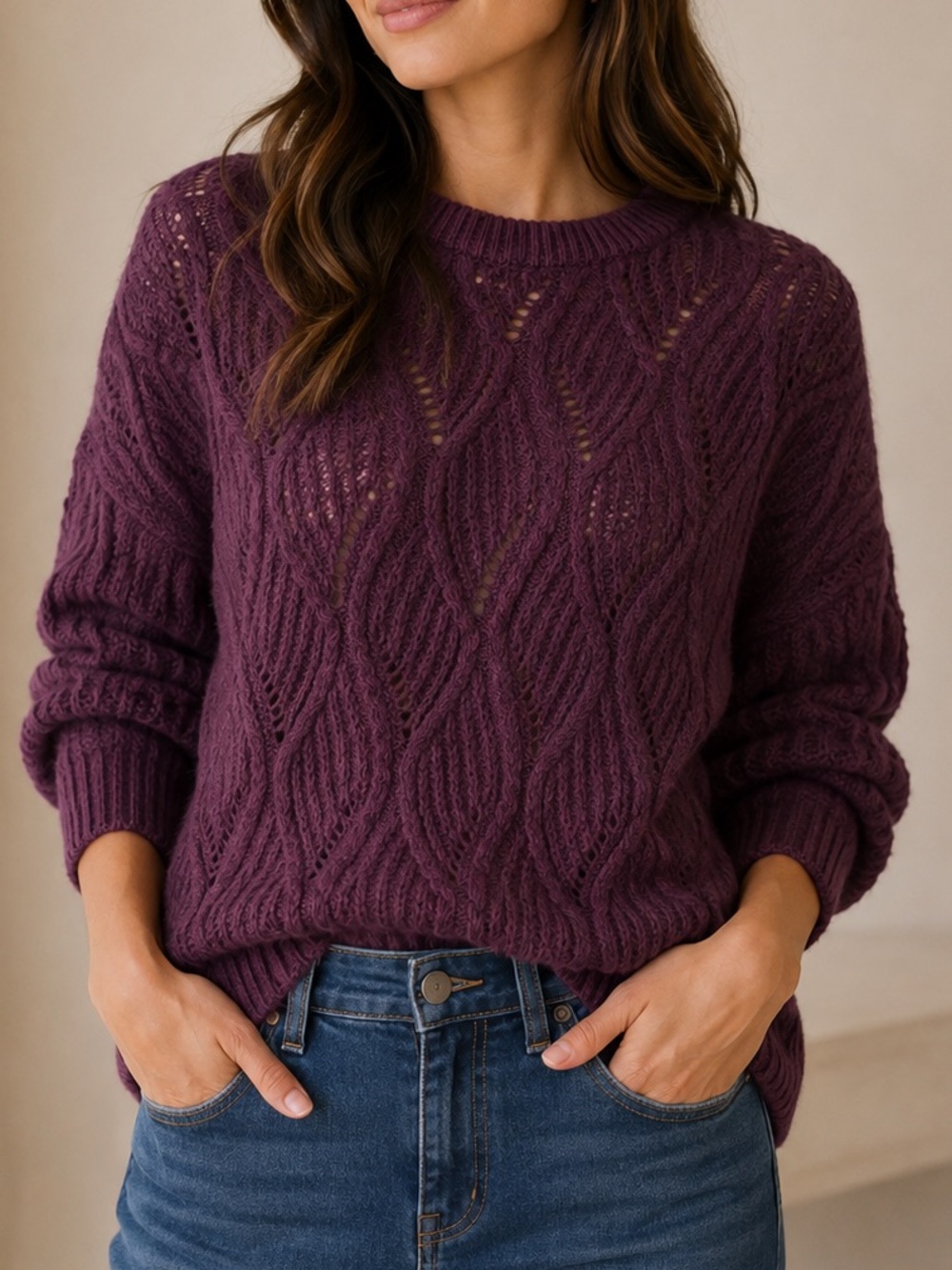 Splendid Plum Cable Crewneck Sweater